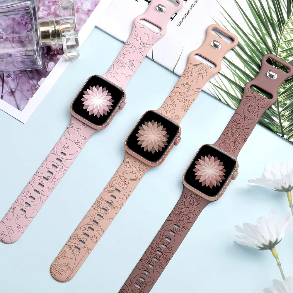 YAMADI Gegraveerde Bloemen Band voor Apple Watch - Stijlvolle en Comfortabele Siliconen Armband