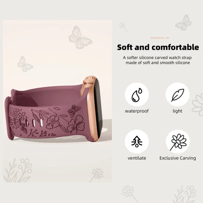 YAMADI Gegraveerde Bloemen Band voor Apple Watch - Stijlvolle en Comfortabele Siliconen Armband