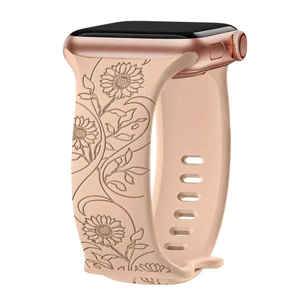 YAMADI Gegraveerde Bloemen Band voor Apple Watch - Stijlvolle en Comfortabele Siliconen Armband