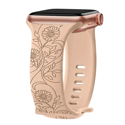 YAMADI Gegraveerde Bloemen Band voor Apple Watch - Stijlvolle en Comfortabele Siliconen Armband
